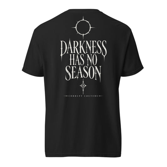 Darkness Has No Season premium heavyweight black T-shirt, back view