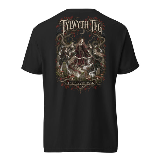 Back view of Tylwyth Teg black heavyweight T-shirt in the Corrupt Couture Welsh Legends collection