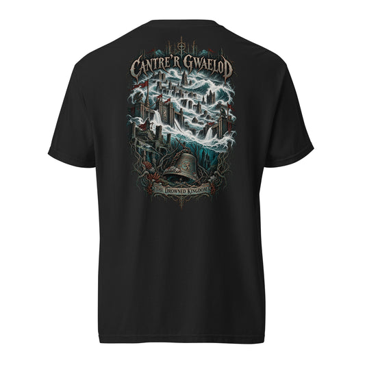 Back view of Cantre'r Gwaelod black heavyweight T-shirt in the Corrupt Couture Welsh Legends collection