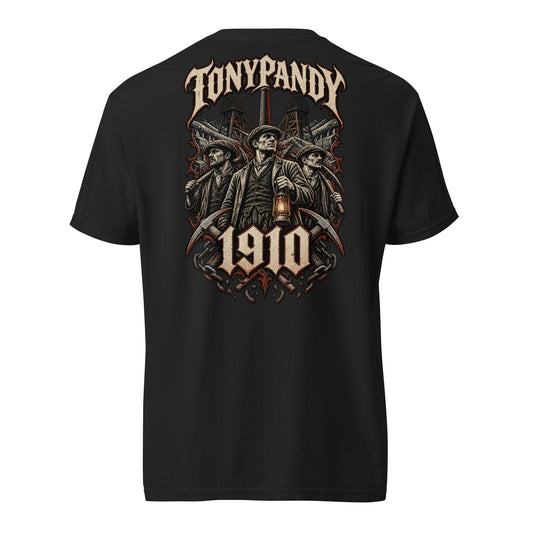Back view of black Corrupt Couture Tonypandy 1910 heavyweight T-shirt