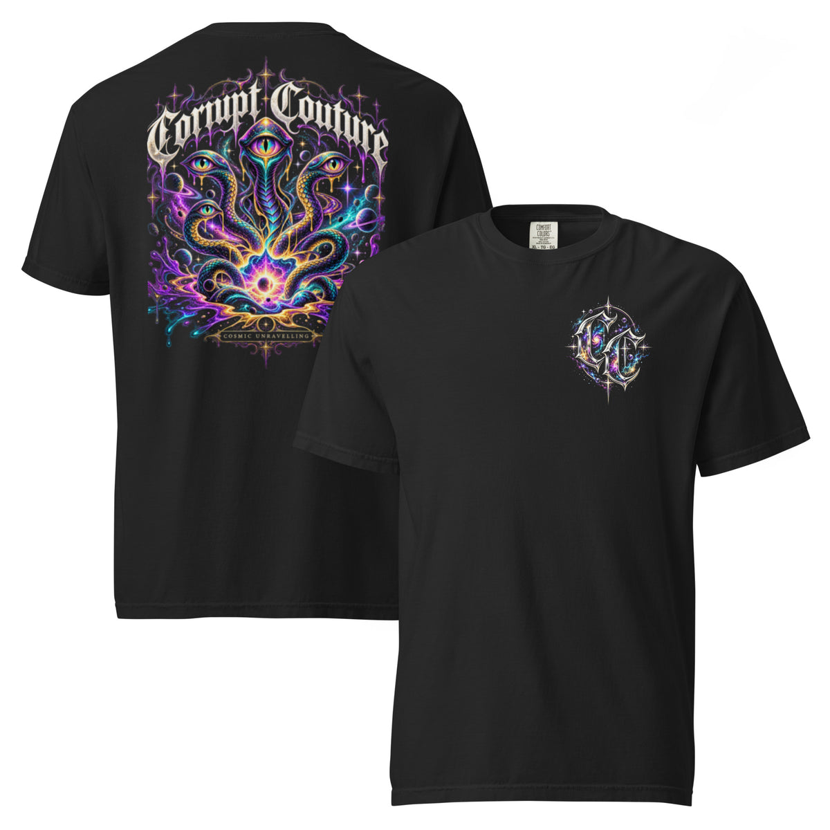 Corrupt Couture Cosmic Unravelling premium heavyweight graphic T-shirt, front view