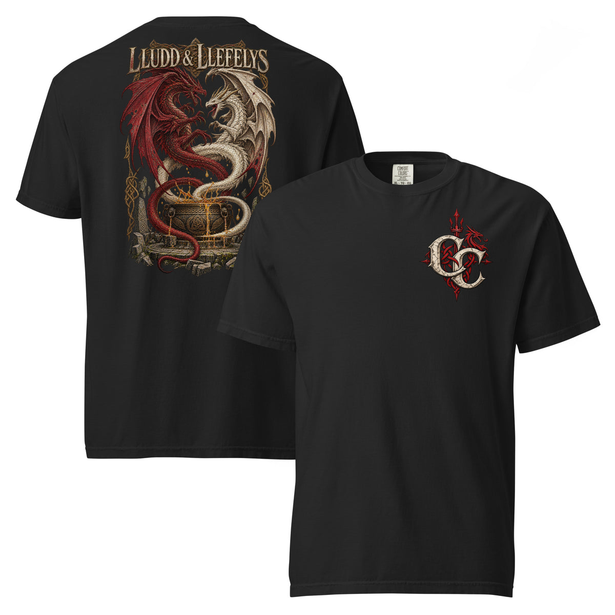Front-view mockup of Lludd & Llefelys black heavyweight T-shirt from Corrupt Couture's Mabinogion collection