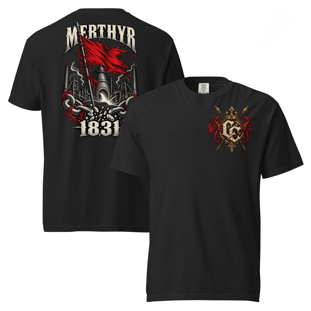 Front view of black Corrupt Couture Merthyr Rising heavyweight T-shirt