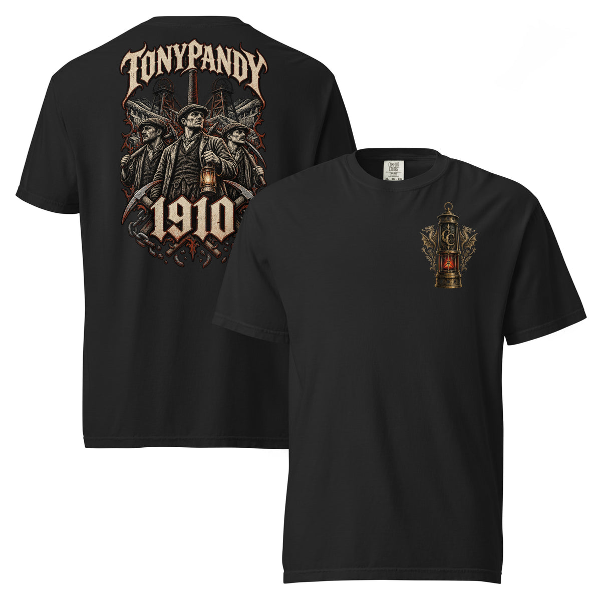 Front view of black Corrupt Couture Tonypandy 1910 heavyweight T-shirt