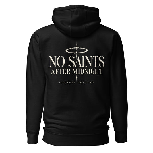 Back view of black Corrupt Couture No Saints unisex hoodie