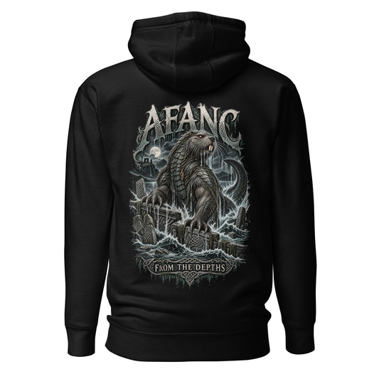 Back view of Afanc black hoodie in the Corrupt Couture Welsh Legends collection