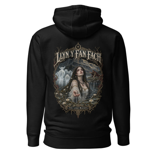 Back view of Llyn y Fan Fach black hoodie in the Corrupt Couture Welsh Legends collection