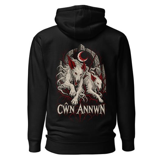Back view of black Corrupt Couture Cŵn Annwn hoodie, The Mabinogion collection