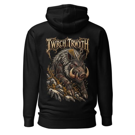 Back view of black Corrupt Couture Twrch Trwyth hoodie, The Mabinogion collection