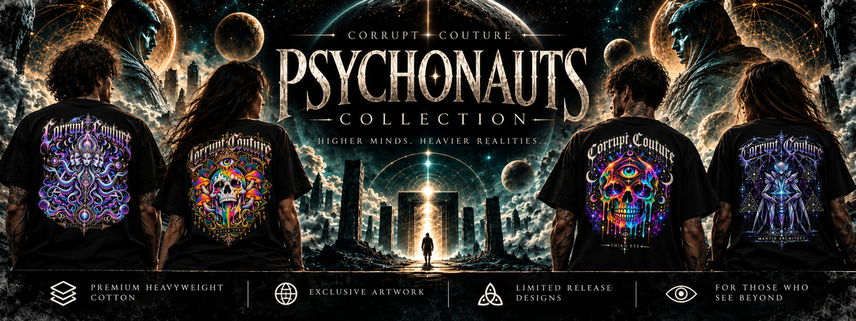 Psychonauts by Corrupt Couture — four models wearing premium T-shirt back prints in a cosmic portal scene