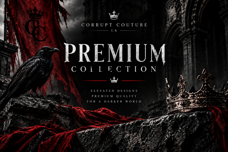Corrupt Couture Premium Collection gothic banner with raven, crown and crimson accents