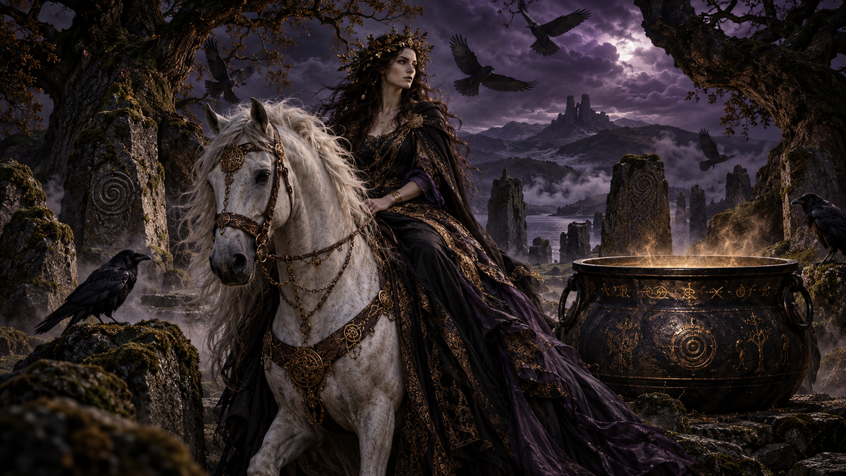 Dark fantasy artwork of Rhiannon on a white horse beside a magical cauldron in a Welsh forest