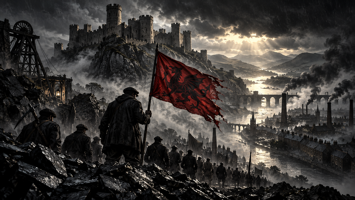 Dramatic illustration of Welsh history, industry, castle and red dragon flag