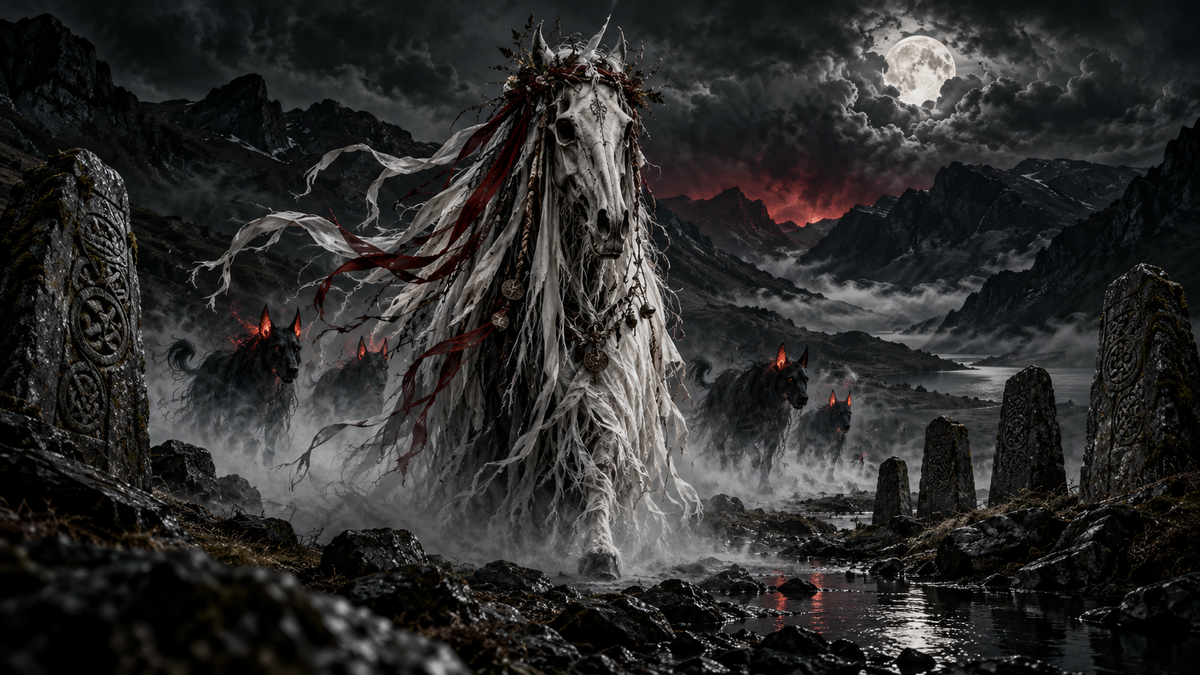 Dark Welsh folklore scene with Mari Lwyd, spectral hounds and moonlit Welsh mountains