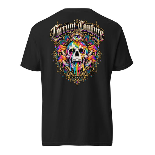 Corrupt Couture Drip Skull premium heavyweight graphic T-shirt, back view