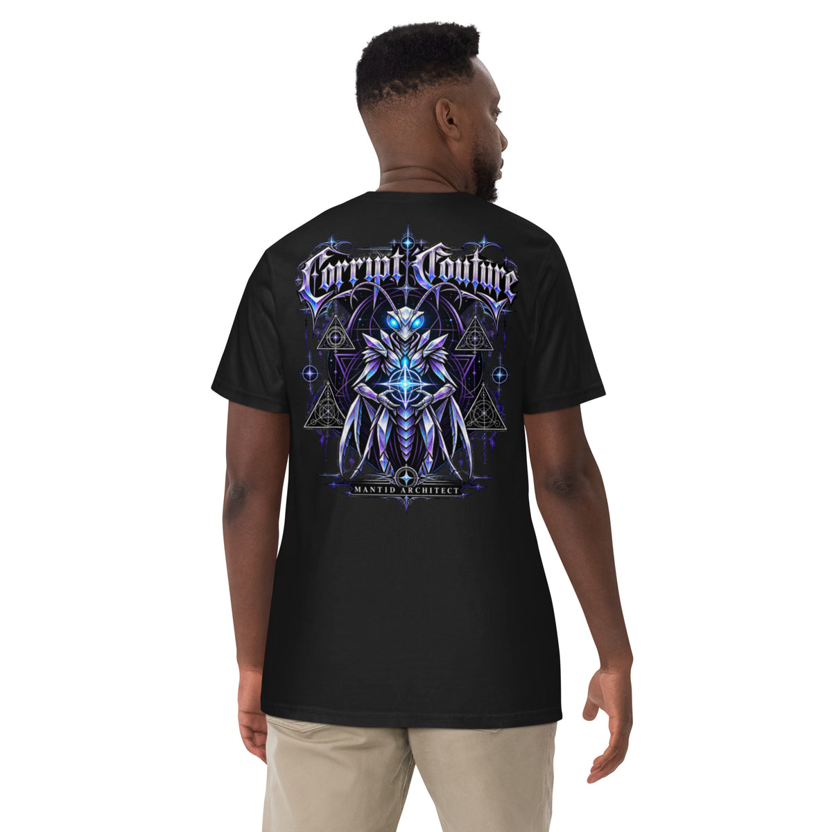 Corrupt Couture Mantid Architect premium heavyweight graphic T-shirt, back view