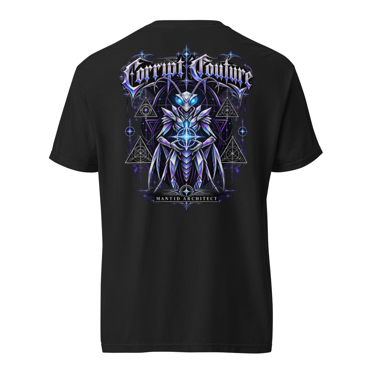 Corrupt Couture Mantid Architect premium heavyweight graphic T-shirt, back view