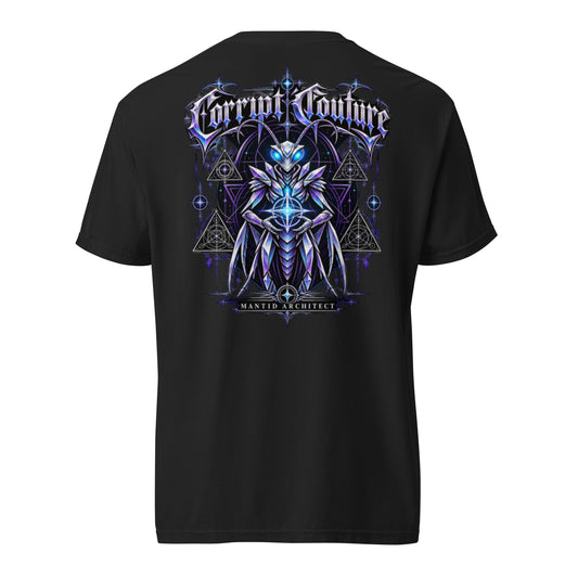 Corrupt Couture Mantid Architect premium heavyweight graphic T-shirt, back view