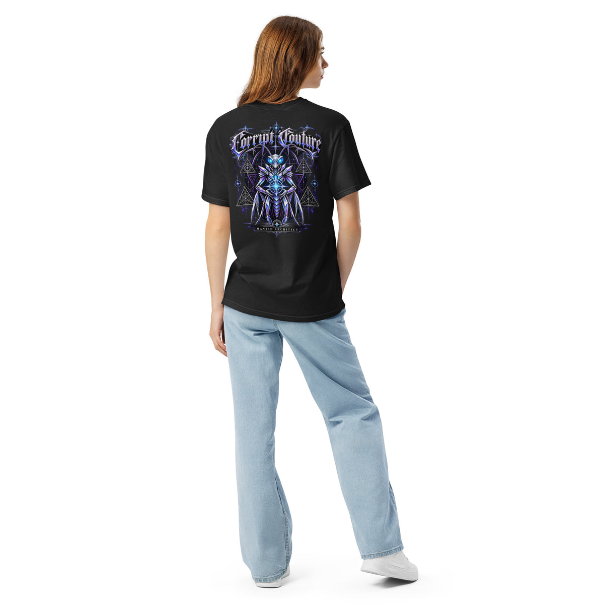 Corrupt Couture Mantid Architect premium heavyweight graphic T-shirt, back view