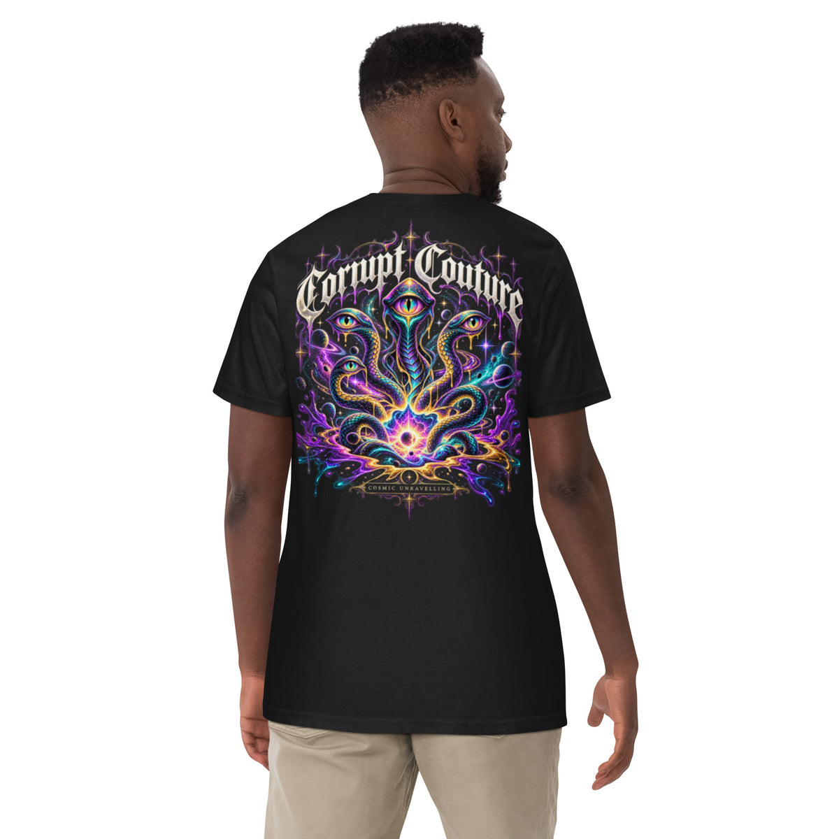 Corrupt Couture Cosmic Unravelling premium heavyweight graphic T-shirt, back view