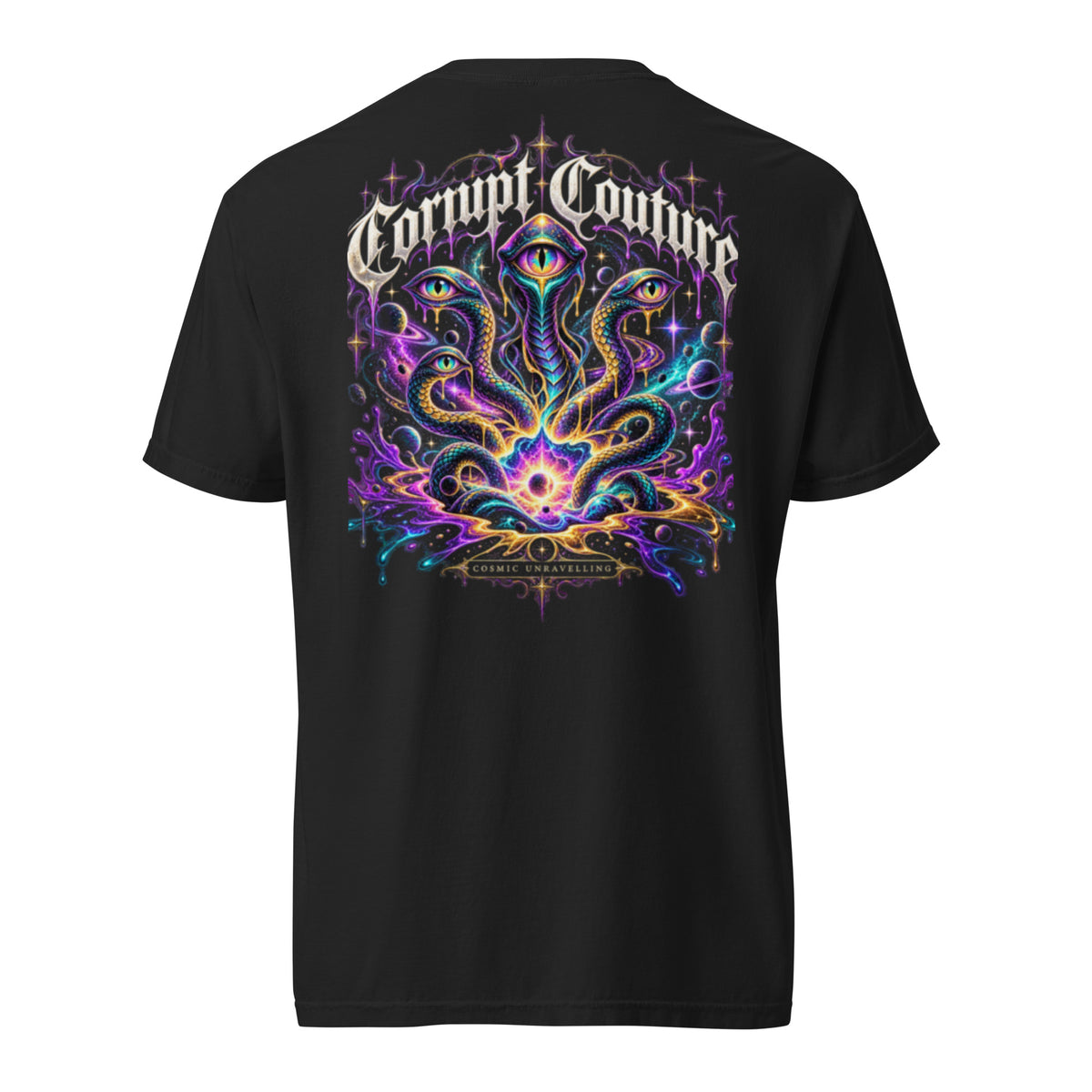 Corrupt Couture Cosmic Unravelling premium heavyweight graphic T-shirt, back view