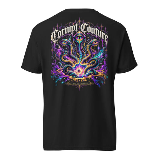 Corrupt Couture Cosmic Unravelling premium heavyweight graphic T-shirt, back view