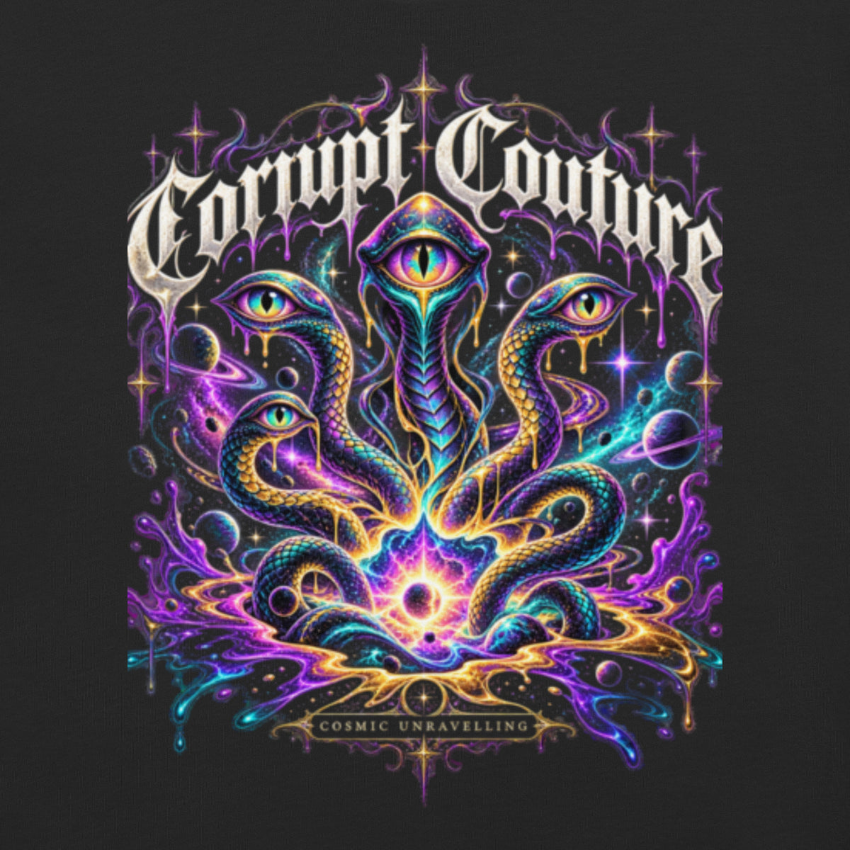 Corrupt Couture Cosmic Unravelling premium heavyweight graphic T-shirt, back view