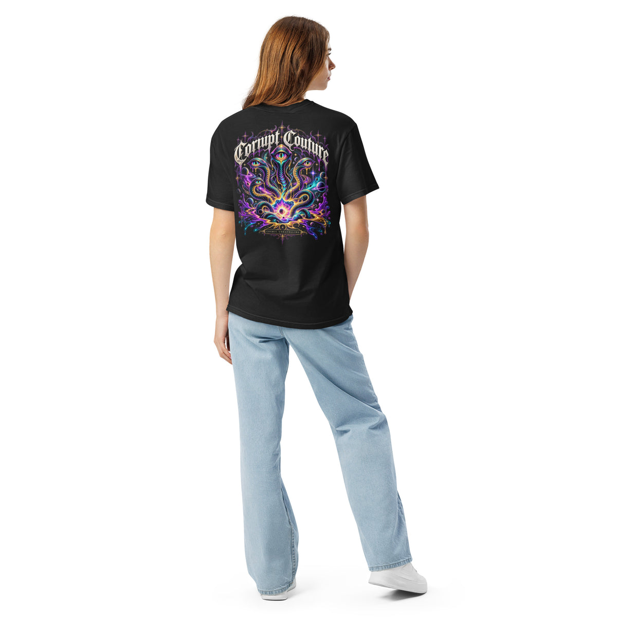 Corrupt Couture Cosmic Unravelling premium heavyweight graphic T-shirt, back view