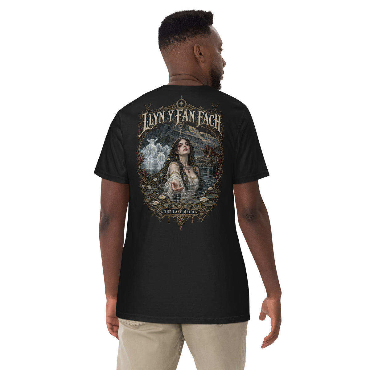 Back view of Llyn y Fan Fach black heavyweight T-shirt in the Corrupt Couture Welsh Legends collection