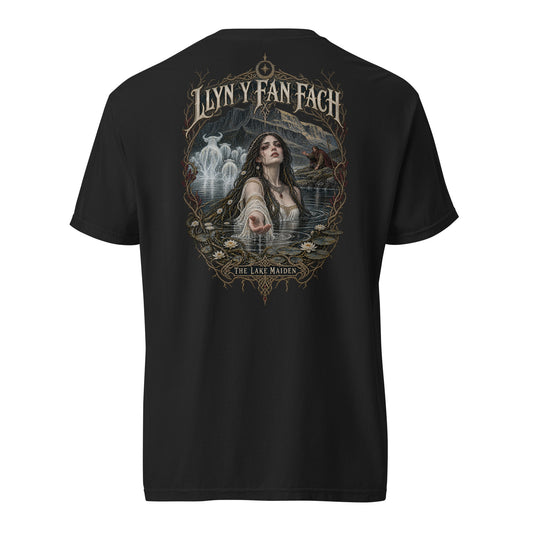 Back view of Llyn y Fan Fach black heavyweight T-shirt in the Corrupt Couture Welsh Legends collection
