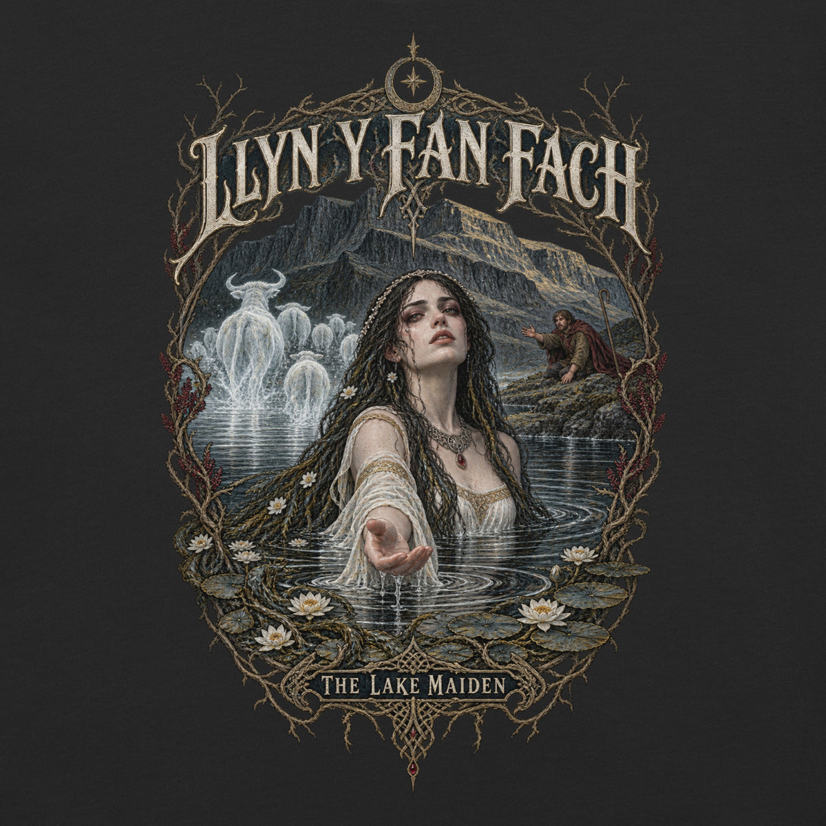 Back view of Llyn y Fan Fach black heavyweight T-shirt in the Corrupt Couture Welsh Legends collection