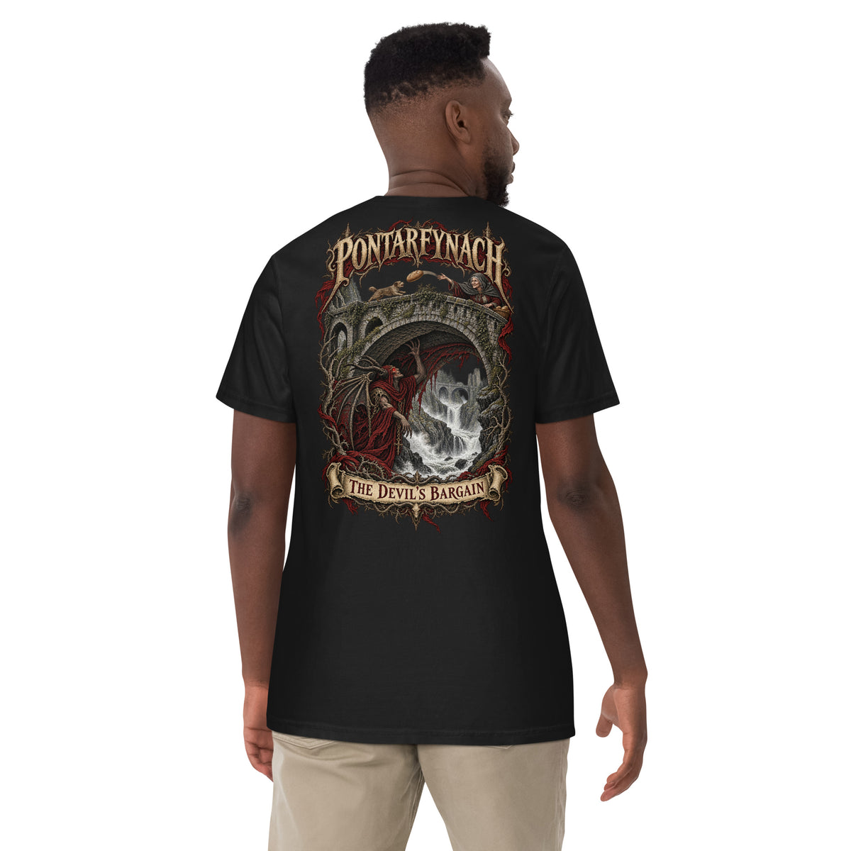 Back view of Pontarfynach black heavyweight T-shirt in the Corrupt Couture Welsh Legends collection