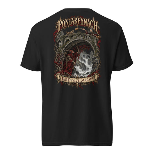 Back view of Pontarfynach black heavyweight T-shirt in the Corrupt Couture Welsh Legends collection