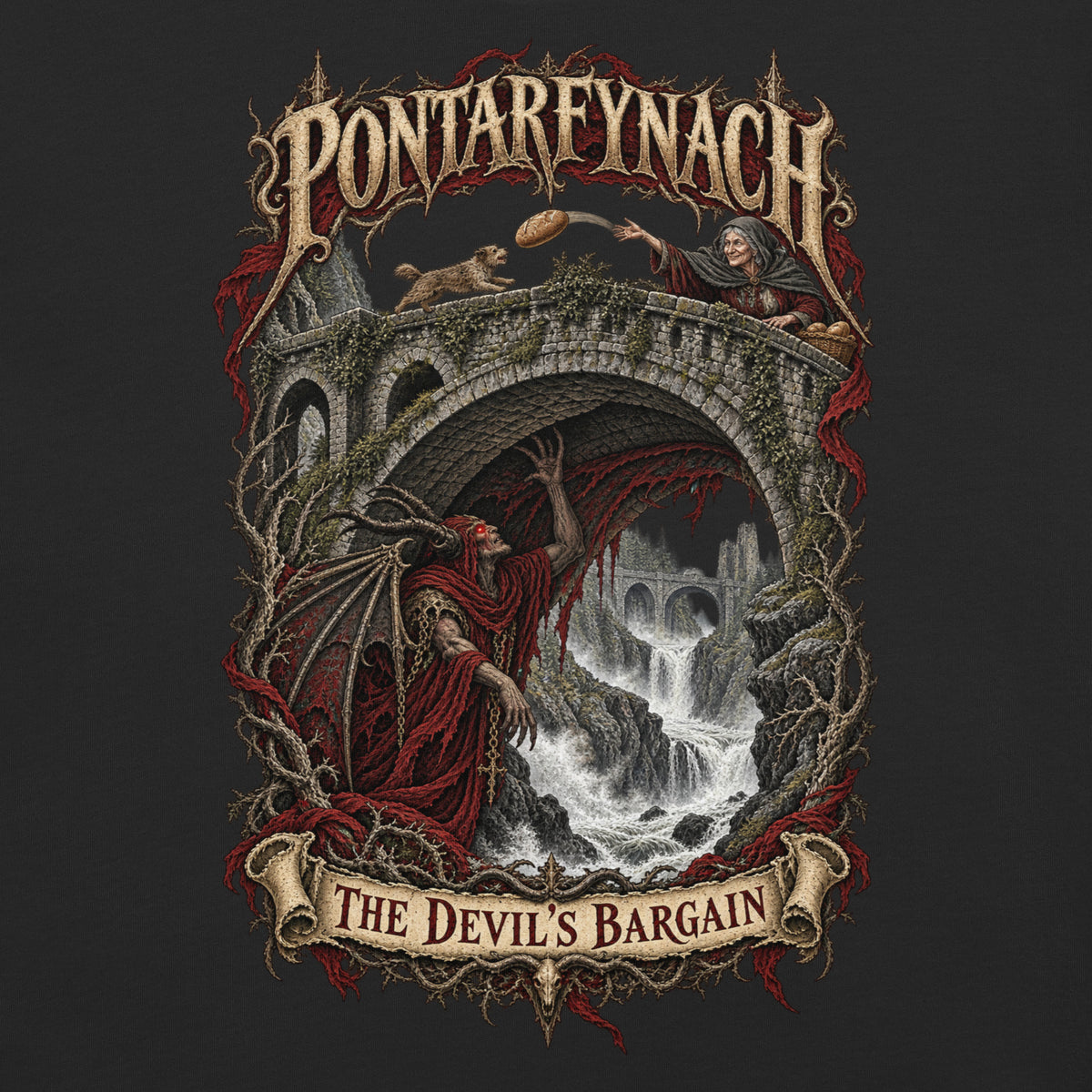 Back view of Pontarfynach black heavyweight T-shirt in the Corrupt Couture Welsh Legends collection
