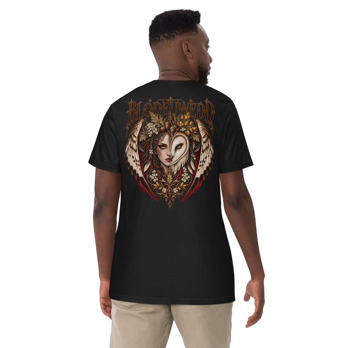 Back-view mockup of Blodeuwedd black heavyweight T-shirt from Corrupt Couture's Mabinogion collection