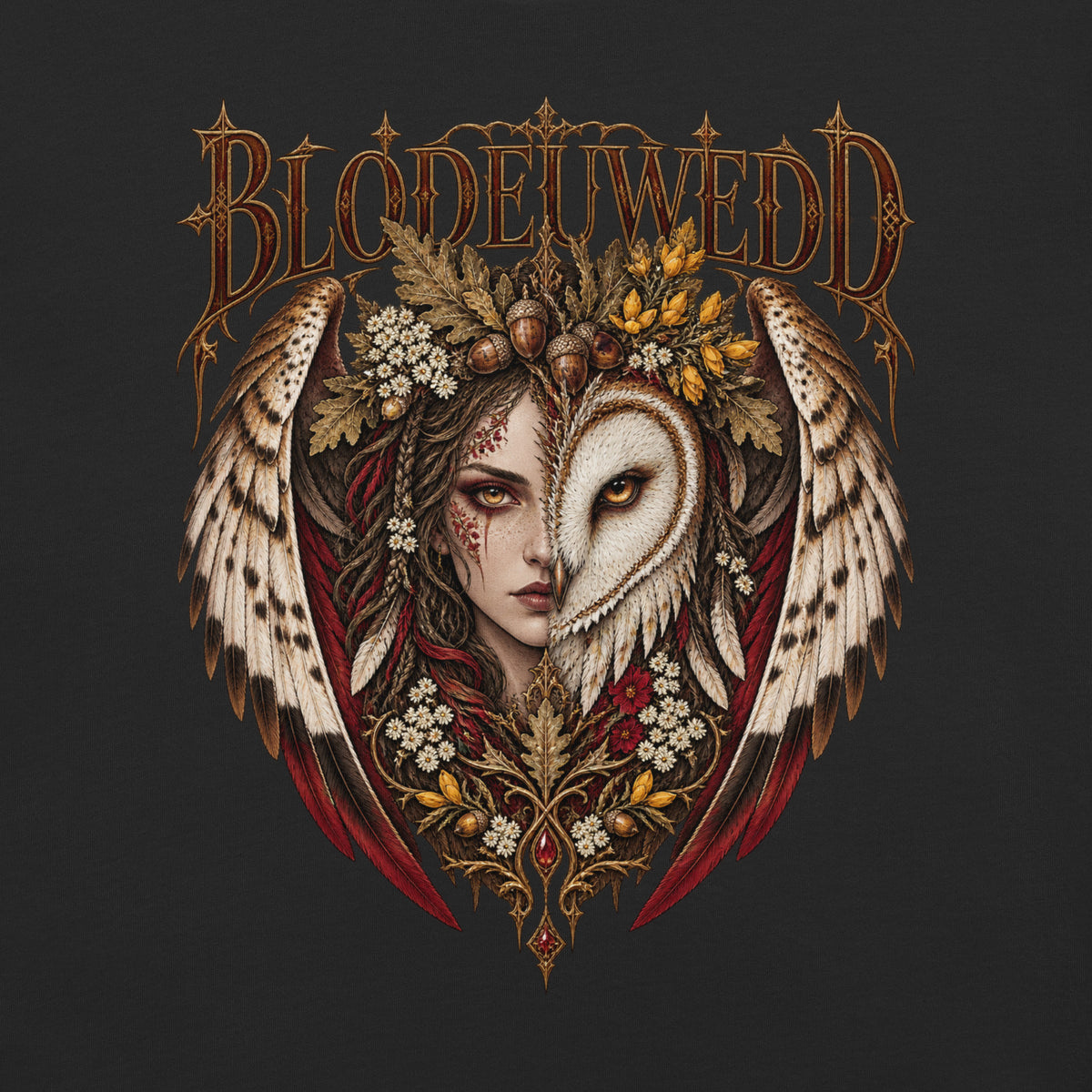 Back-view mockup of Blodeuwedd black heavyweight T-shirt from Corrupt Couture's Mabinogion collection