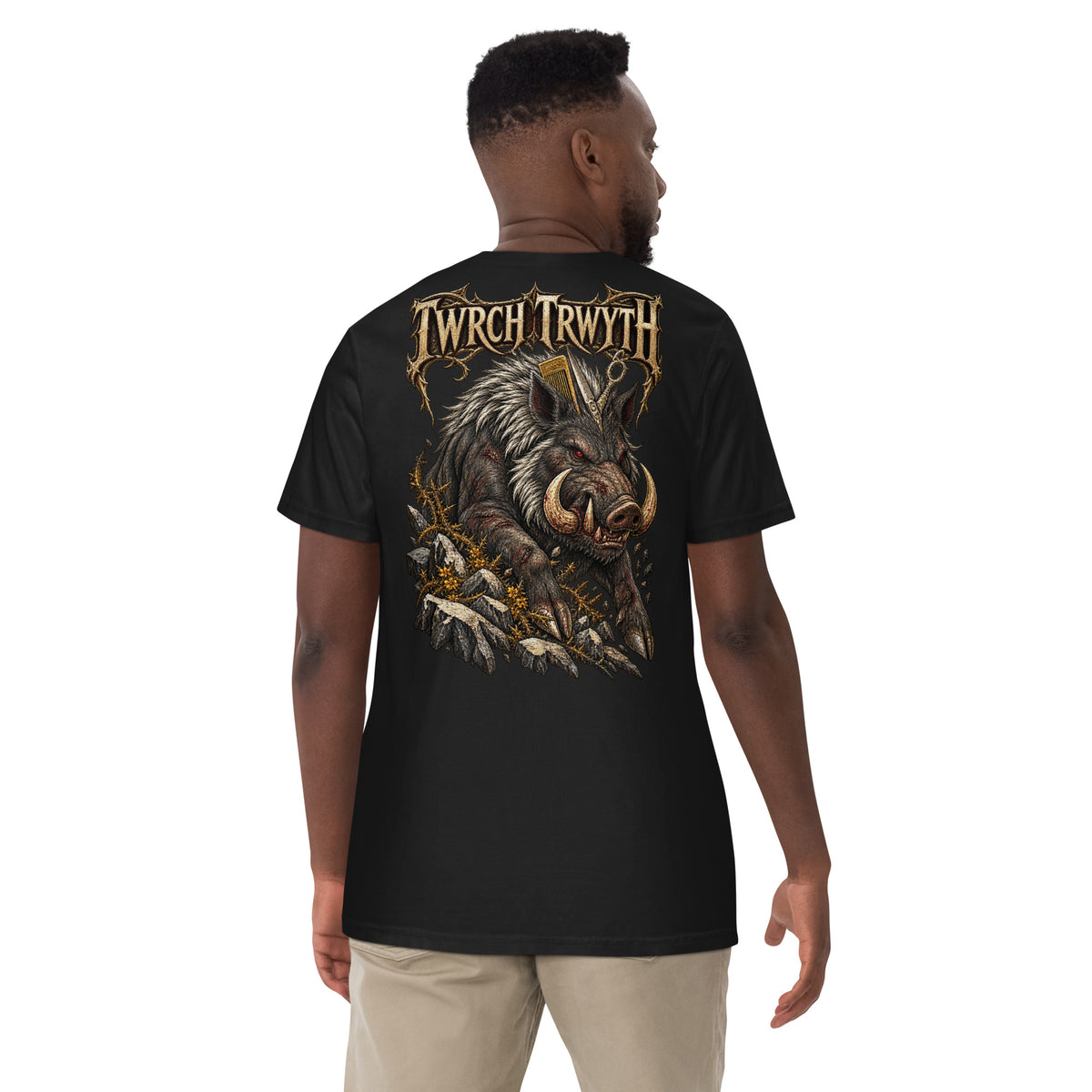 Back-view mockup of Twrch Trwyth black heavyweight T-shirt from Corrupt Couture's Mabinogion collection