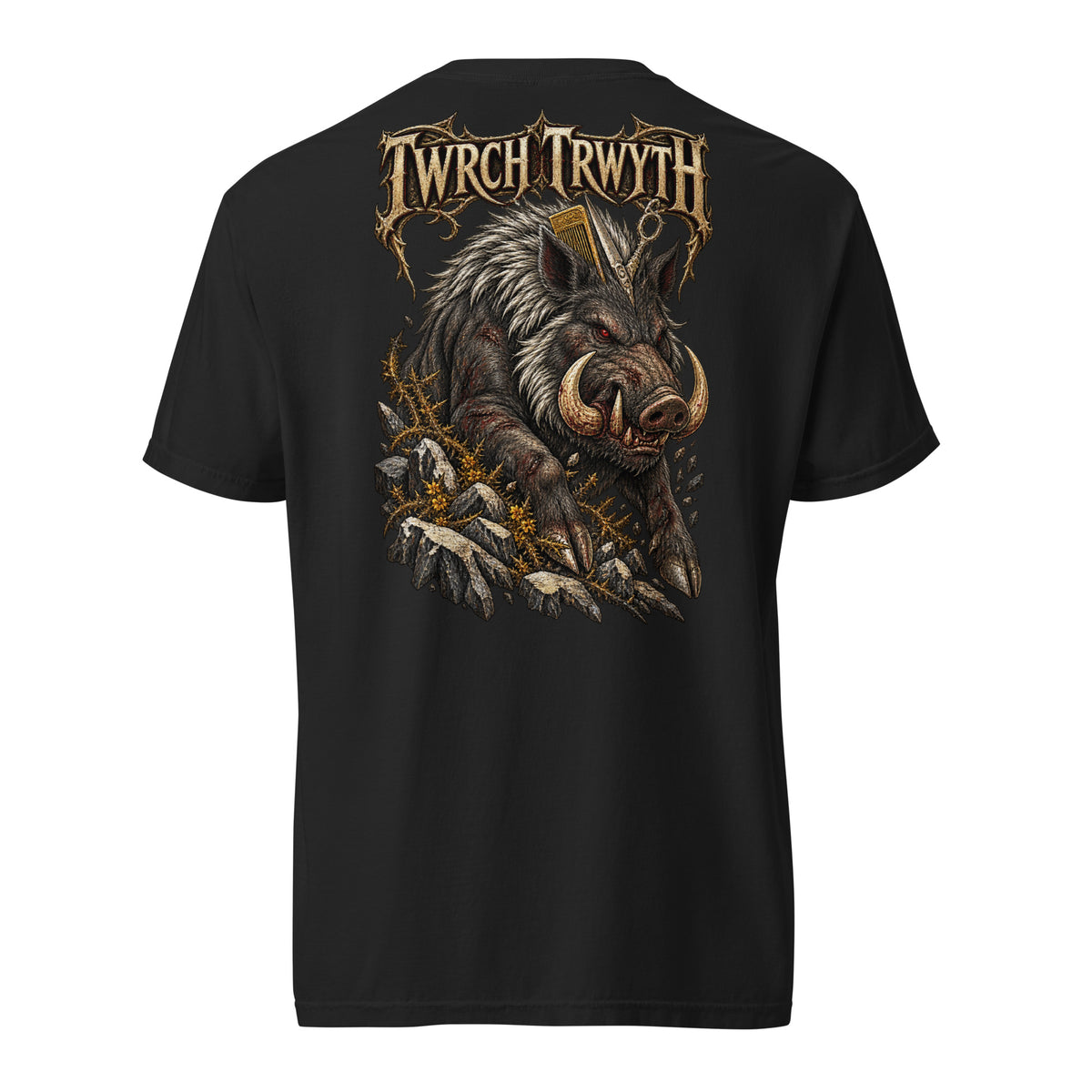 Back view of black Corrupt Couture Twrch Trwyth T-shirt, The Mabinogion collection