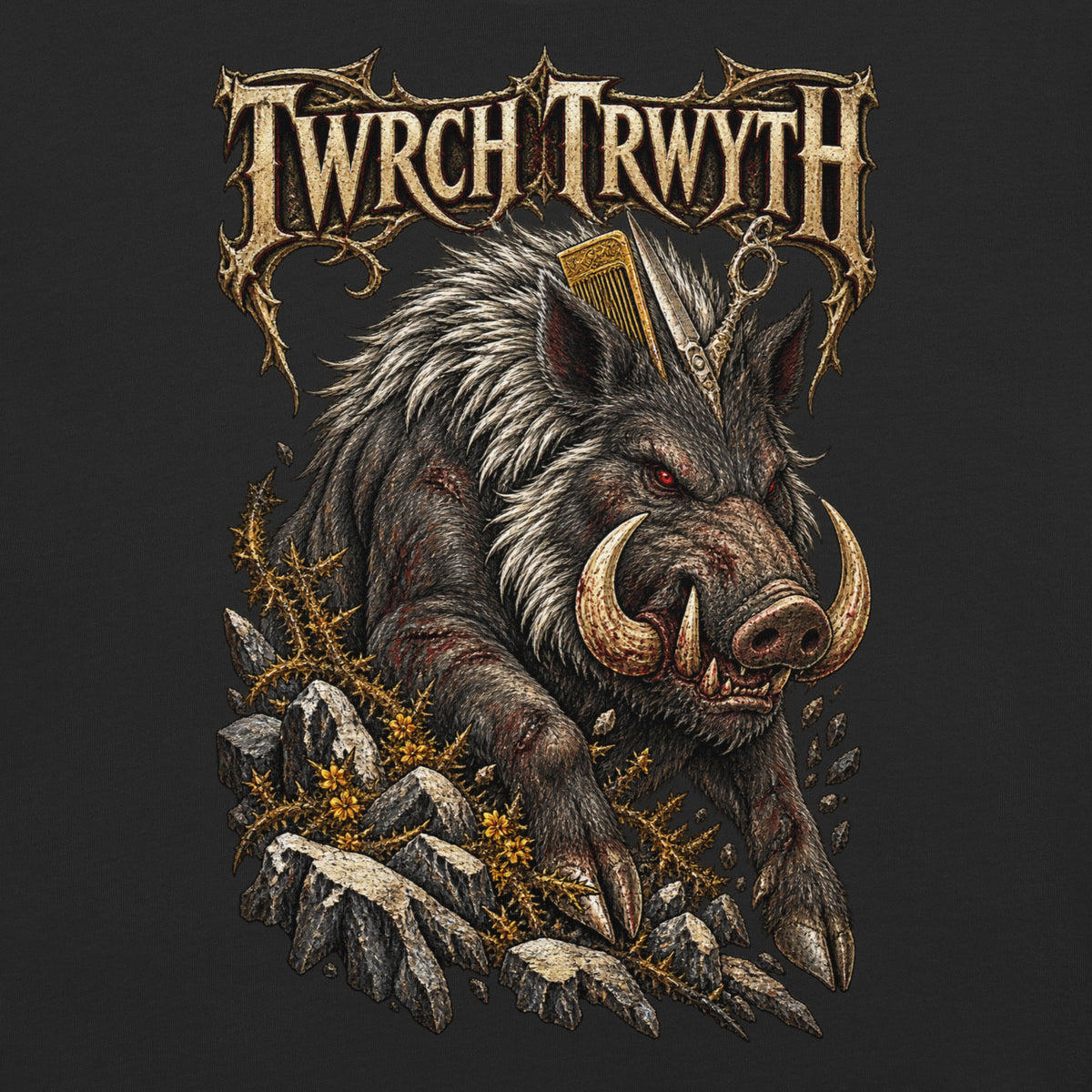 Back-view mockup of Twrch Trwyth black heavyweight T-shirt from Corrupt Couture's Mabinogion collection
