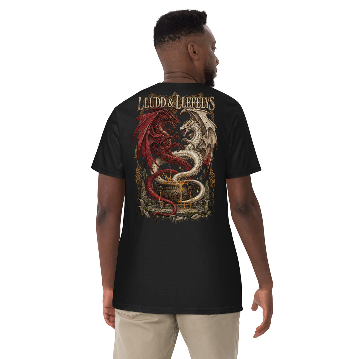 Back-view mockup of Lludd & Llefelys black heavyweight T-shirt from Corrupt Couture's Mabinogion collection