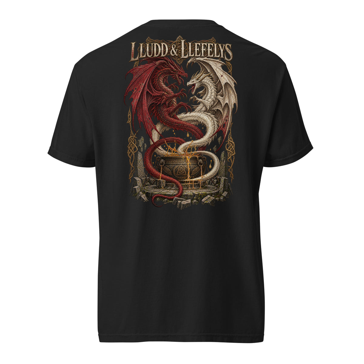 Back view of black Corrupt Couture Lludd and Llefelys T-shirt, The Mabinogion collection