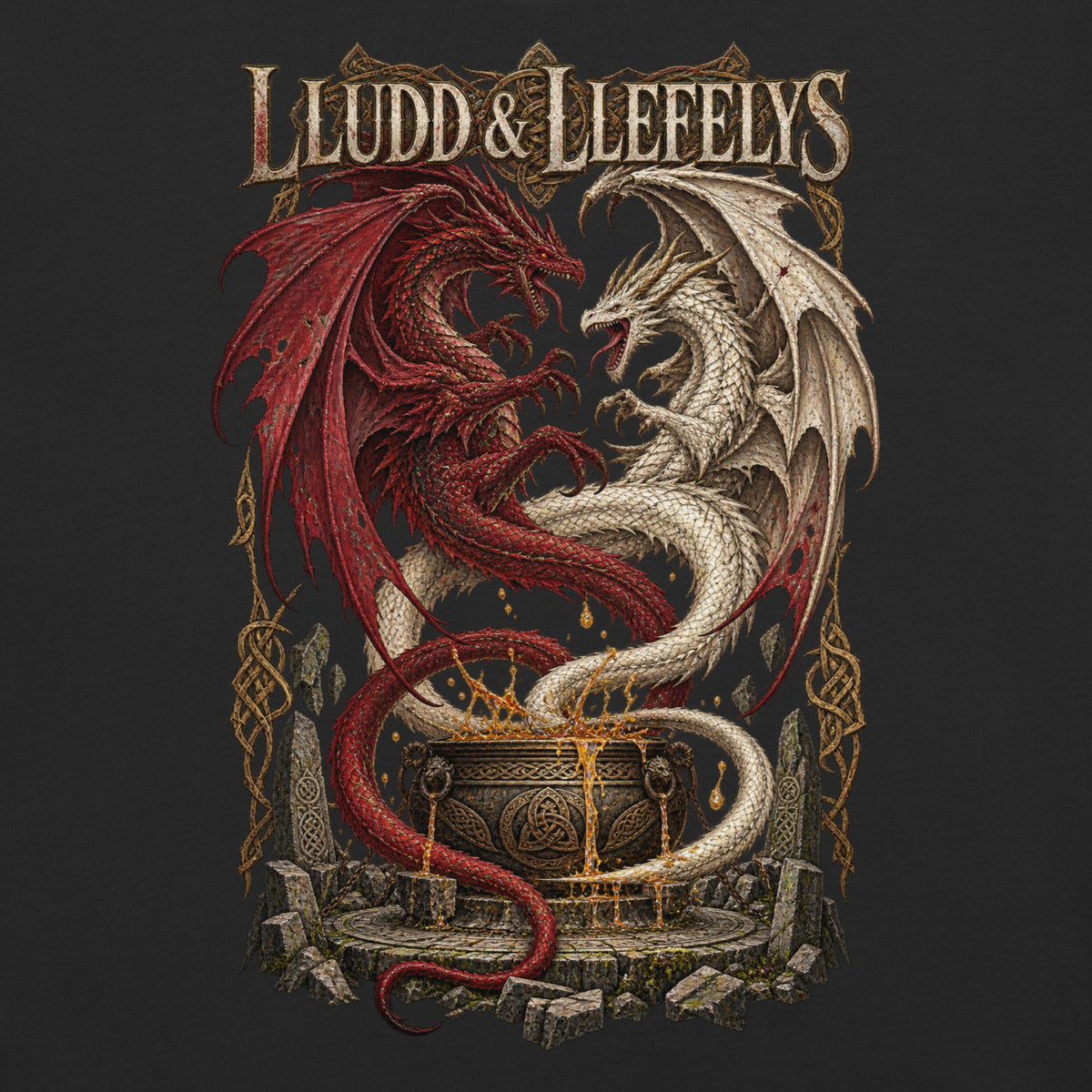 Back-view mockup of Lludd & Llefelys black heavyweight T-shirt from Corrupt Couture's Mabinogion collection