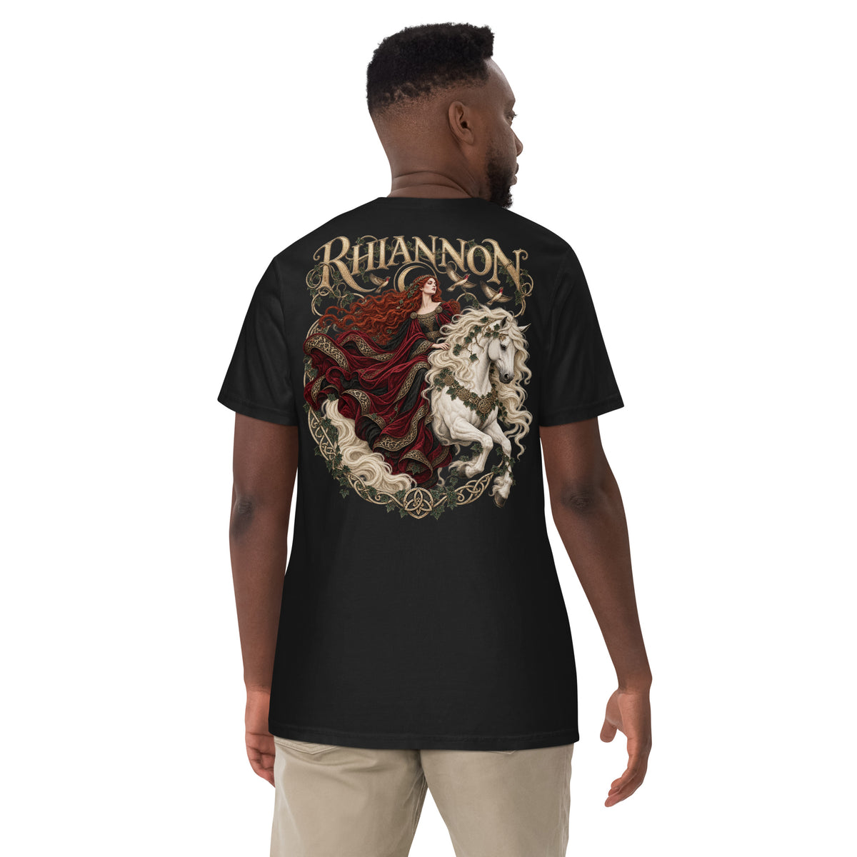 Back-view mockup of Rhiannon black heavyweight T-shirt from Corrupt Couture's Mabinogion collection