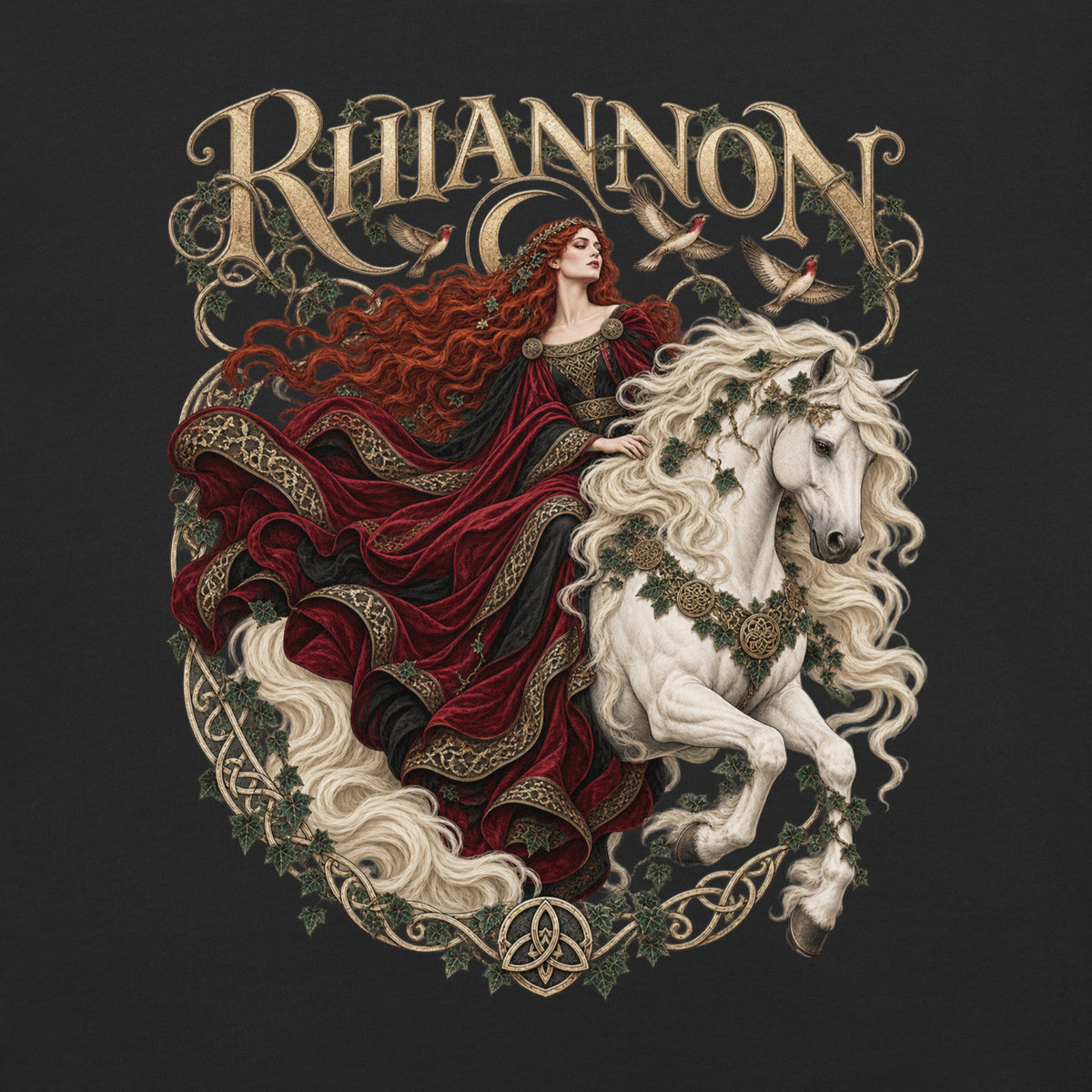 Back-view mockup of Rhiannon black heavyweight T-shirt from Corrupt Couture's Mabinogion collection