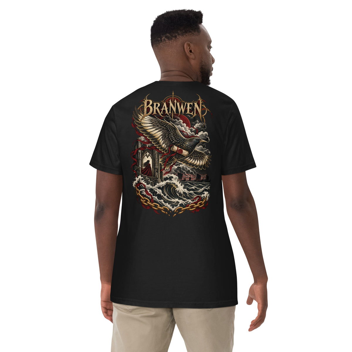 Back-view mockup of Branwen black heavyweight T-shirt from Corrupt Couture's Mabinogion collection