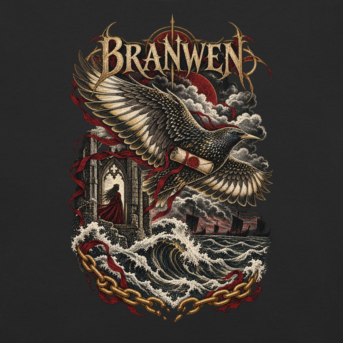 Back-view mockup of Branwen black heavyweight T-shirt from Corrupt Couture's Mabinogion collection