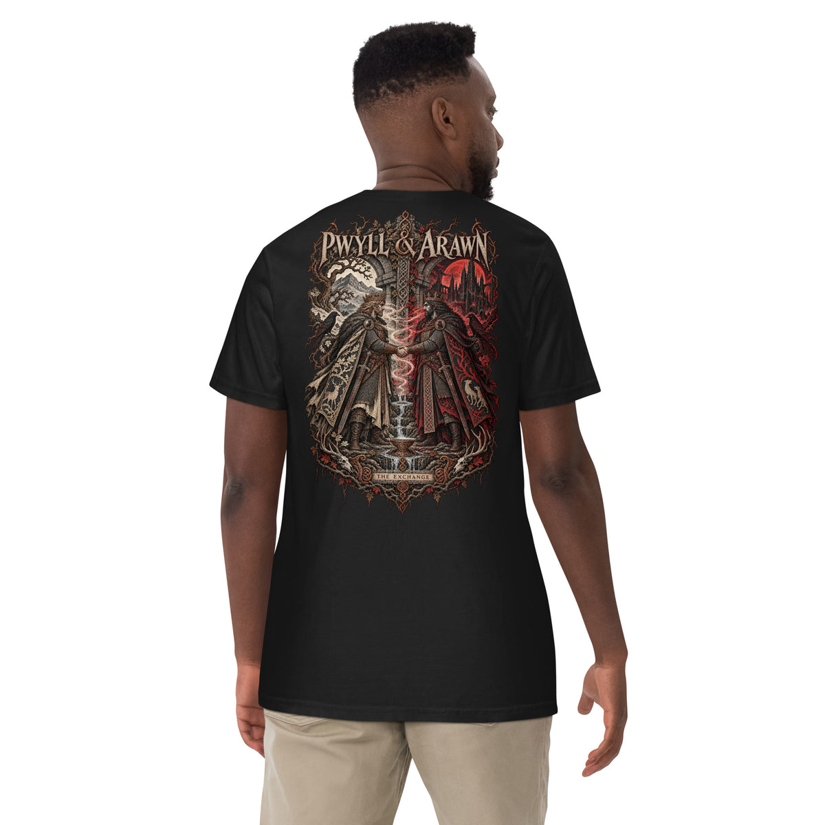 Back-view mockup of Pwyll & Arawn black heavyweight T-shirt from Corrupt Couture's Mabinogion collection