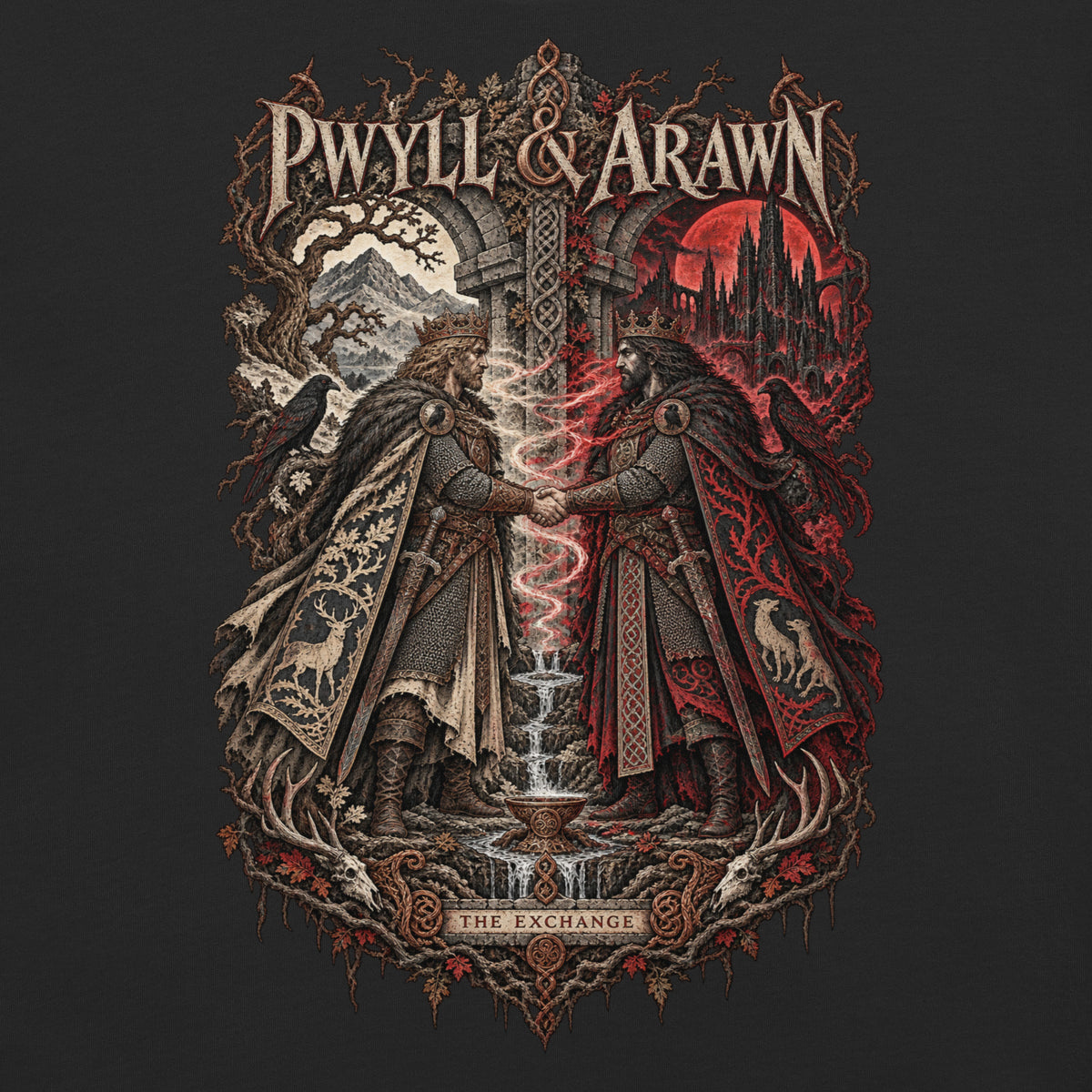 Back-view mockup of Pwyll & Arawn black heavyweight T-shirt from Corrupt Couture's Mabinogion collection
