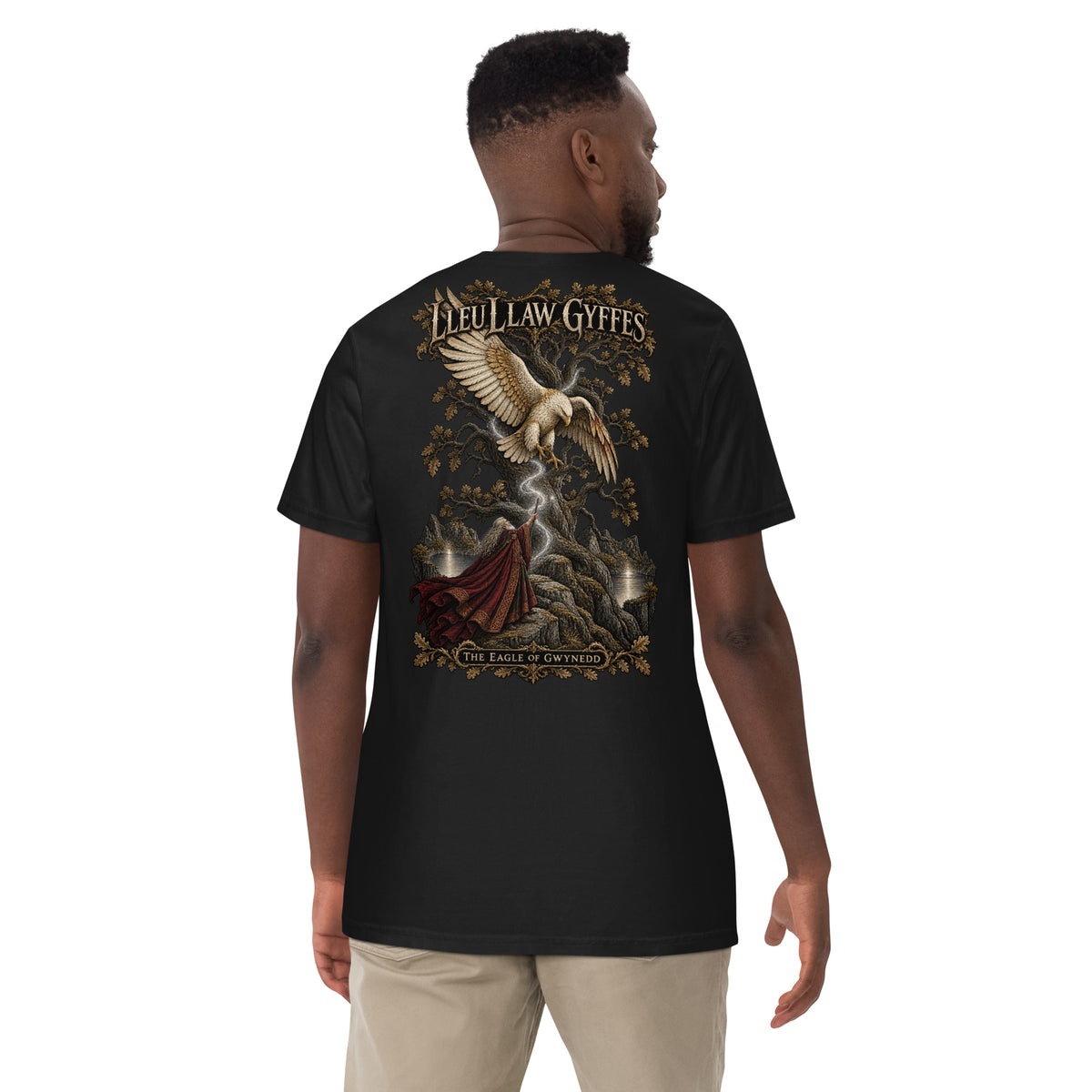 Back-view mockup of Lleu Llaw Gyffes black heavyweight T-shirt from Corrupt Couture's Mabinogion collection