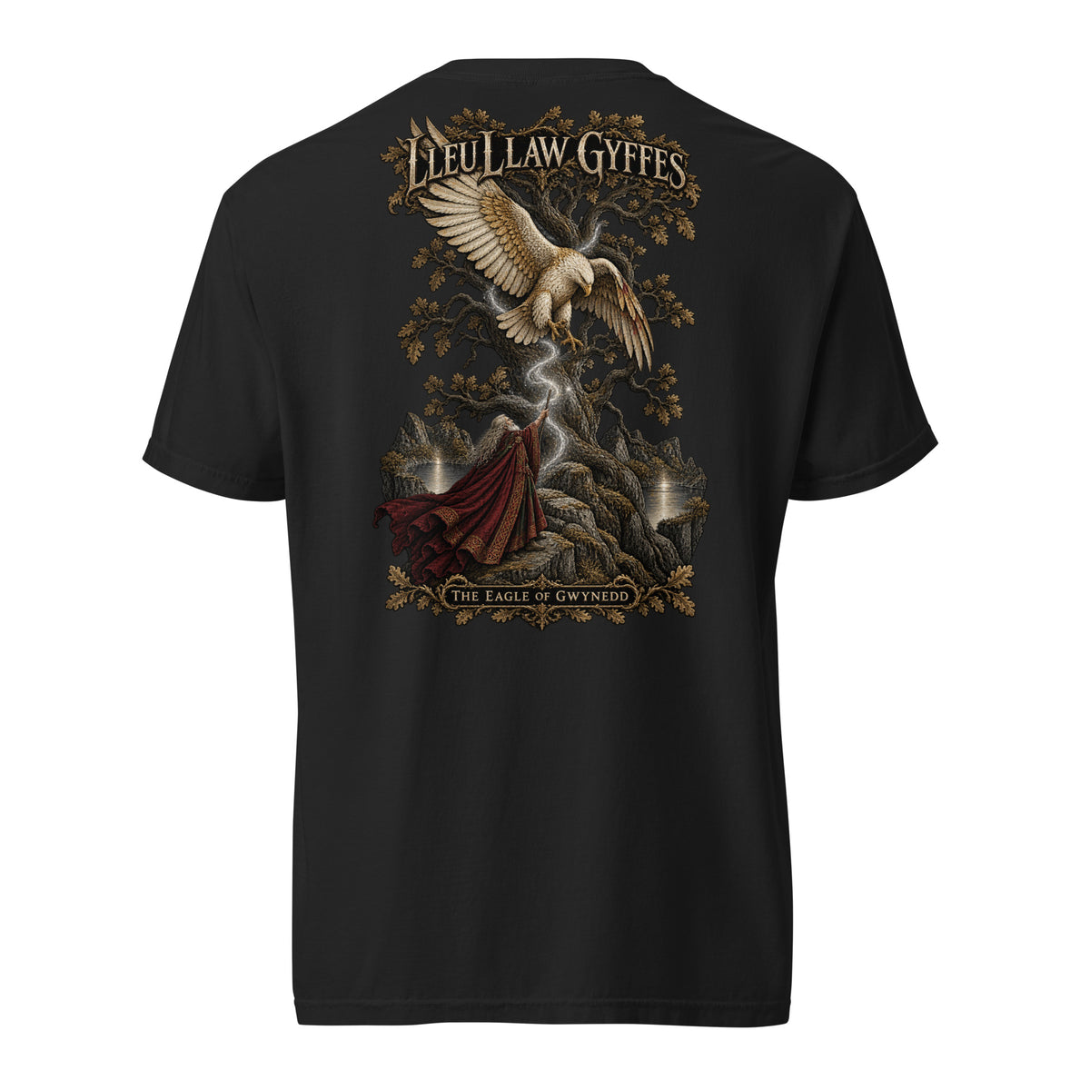 Back view of black Corrupt Couture Lleu Llaw Gyffes T-shirt, The Mabinogion collection